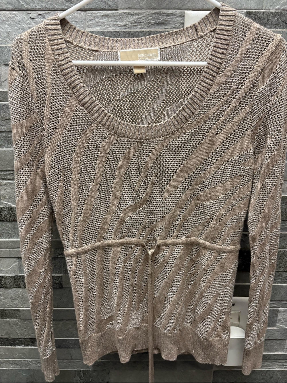 Michael Kors Taupe Open-Knit Tie-Waist Sweater